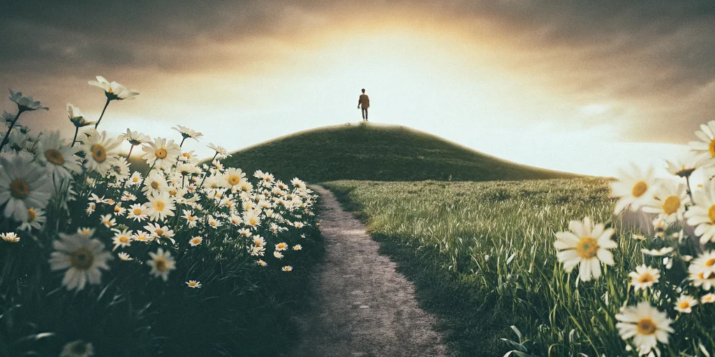 A person on a path at sunrise, an alternative to knee replacement surgery.