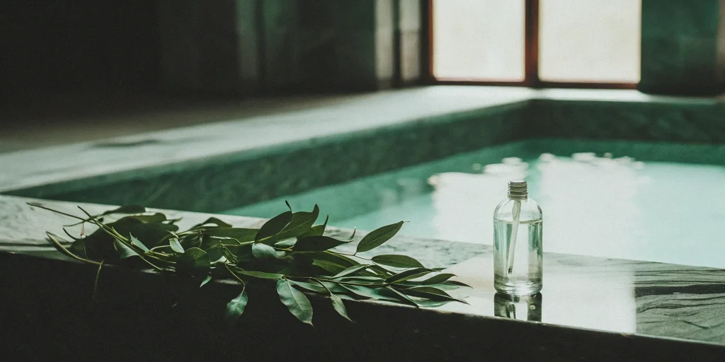 A vial for peptide therapy for weight loss resting beside a calm pool.