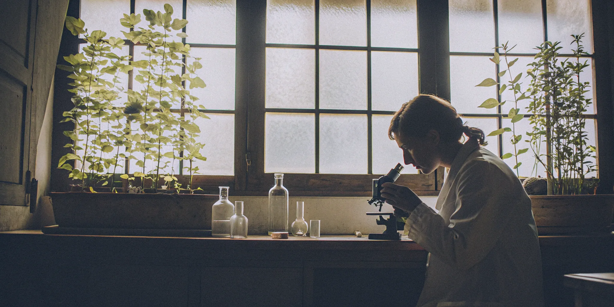 Scientist in a lab coat using a microscope to research exosome therapy price.