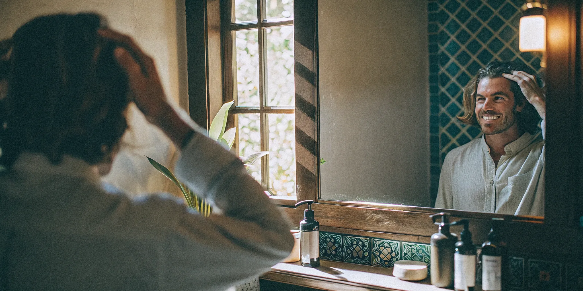 Man in a mirror checking hair growth from an exosome treatment and considering the price.