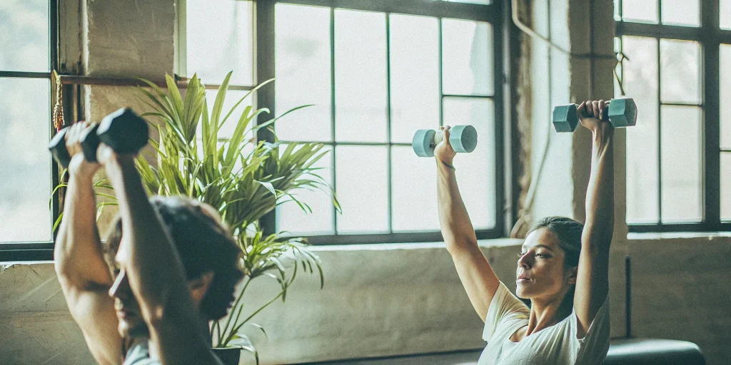 Two people lifting dumbbells for weight loss and muscle gain, supported by the best peptides.