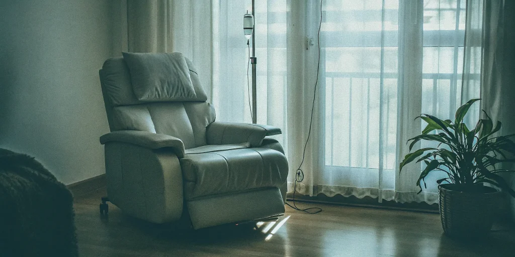 A clinical room with an IV drip setup for exosome therapy for autoimmune conditions.