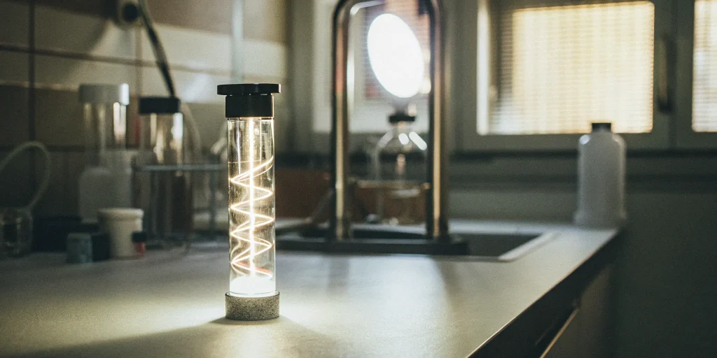 A glowing spiral in a glass tube from scientific research into MUSE stem cell safety.