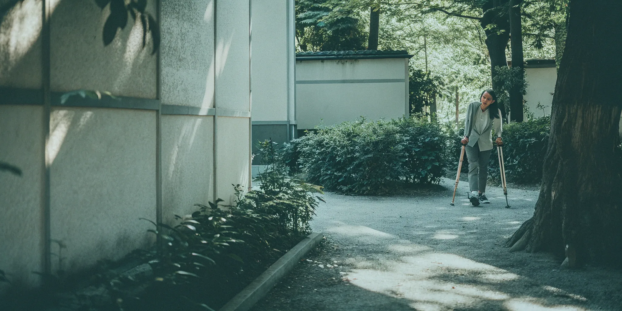 Woman with crutches exploring non-surgical alternatives for bone on bone knee replacement.