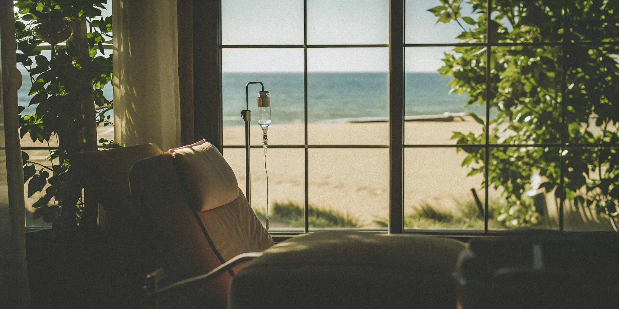 Chair for exosome IV therapy for autoimmune disorders at a South Miami clinic with an ocean view.