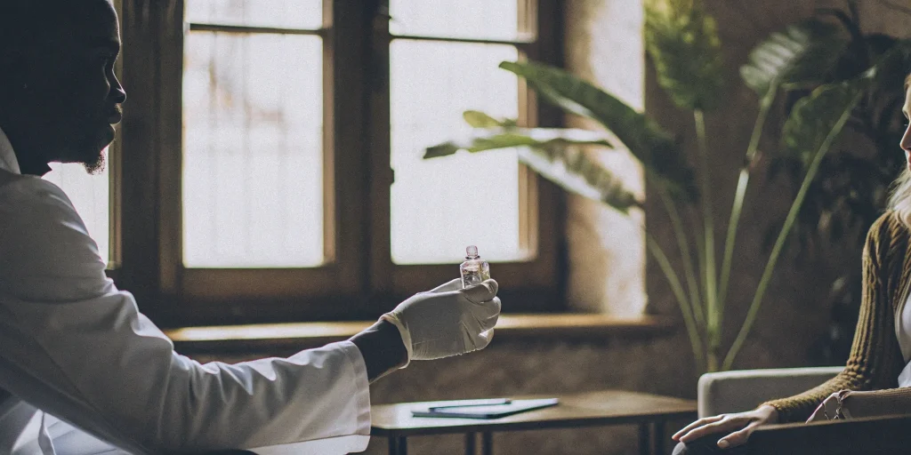 Doctor holding a vial for exosome therapy, a treatment not currently FDA approved.
