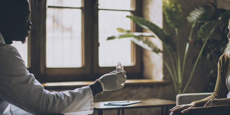 Doctor holding a vial for exosome therapy, a treatment not currently FDA approved.
