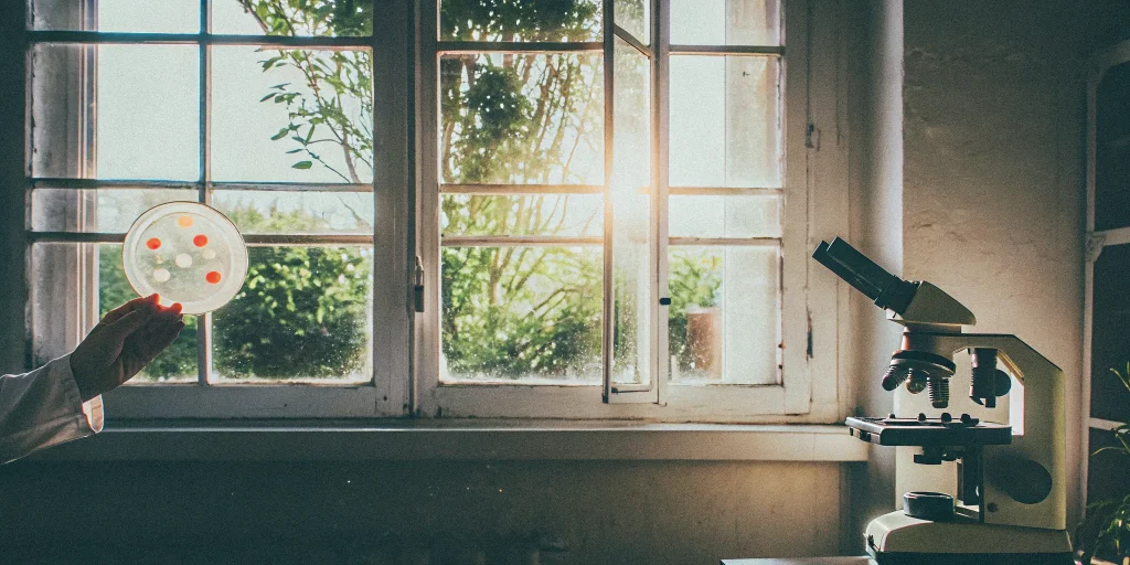 Scientist researching MUSE cells with a microscope in a Miami regenerative medicine lab.