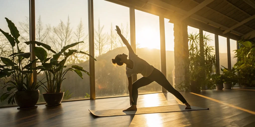 A woman practicing yoga as part of a healthy lifestyle using the best peptides for fat burning.