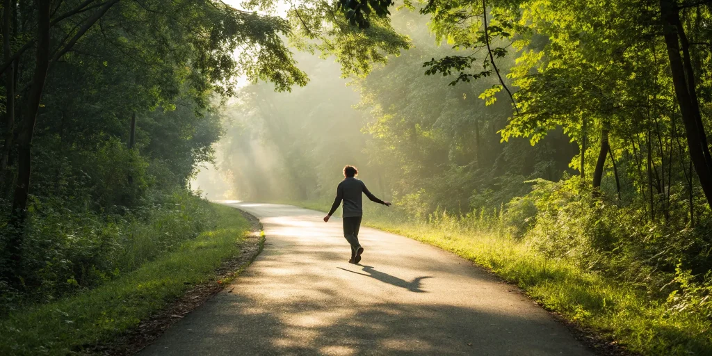 A person walking on a forest trail to avoid knee replacement for bone on bone pain.