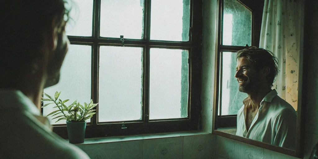 Man smiling in the mirror, learning how to stop his thinning hair.