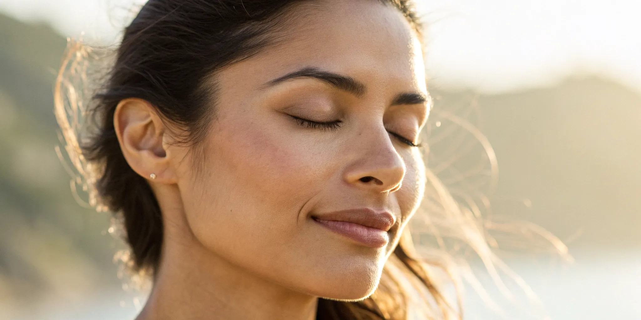 Woman's calm face after microneedling with exosomes, showing recovery from side effects.