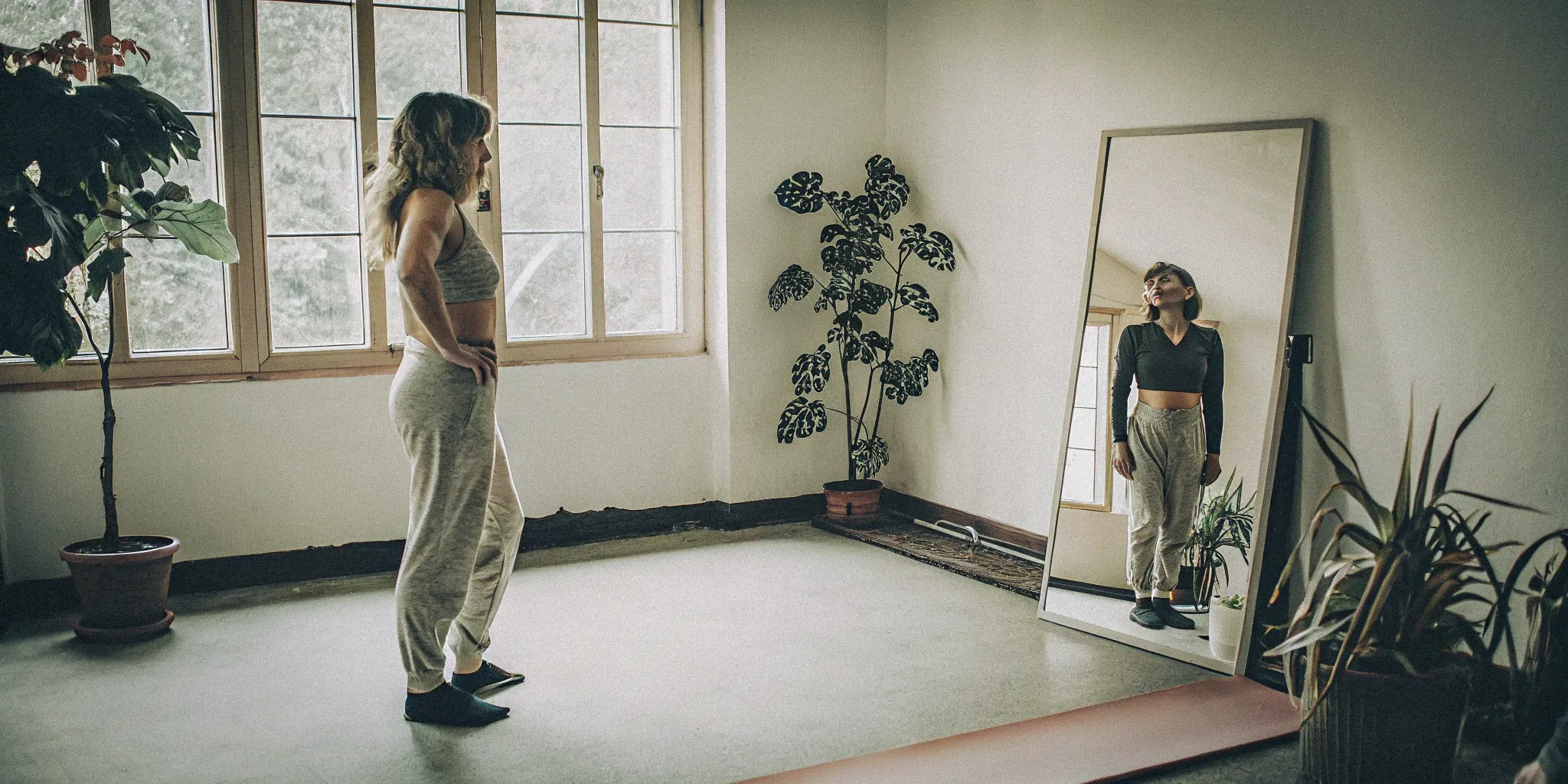 Woman in a mirror admiring her before and after peptide weight loss results.