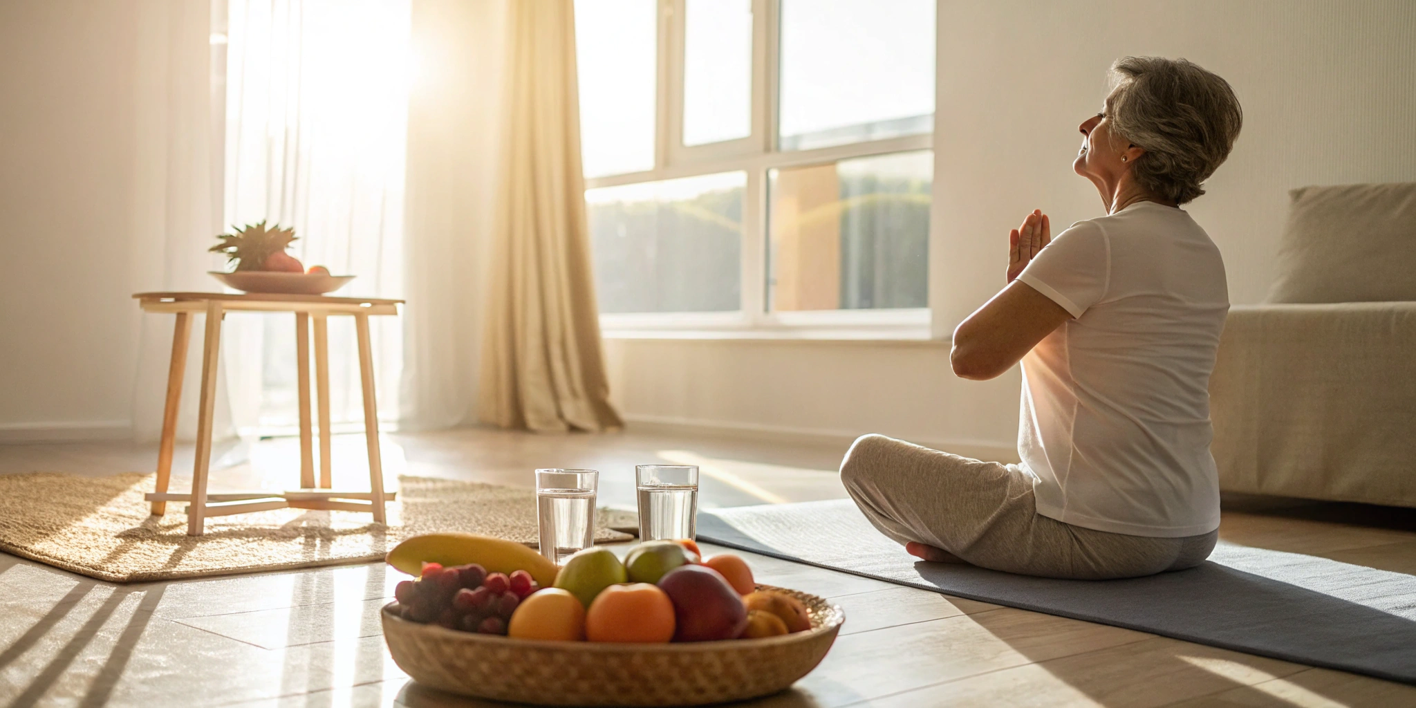 Woman on a yoga mat with fruit, a healthy lifestyle for peptide and hormone therapy for weight loss.