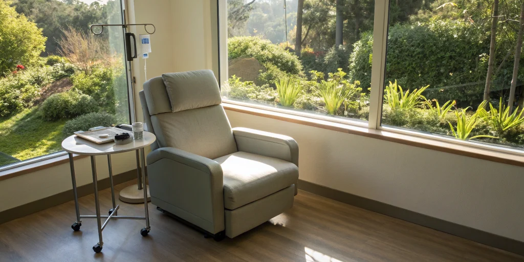 Clinic room with an infusion chair for discussing alpha-2-macroglobulin therapy cost.