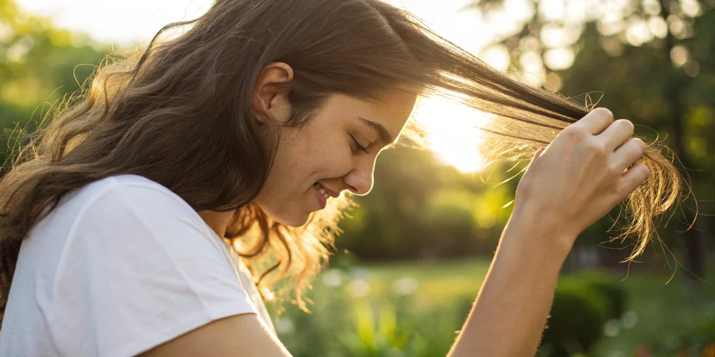 A woman examining her hair, wondering if exosome therapy works for hair loss.