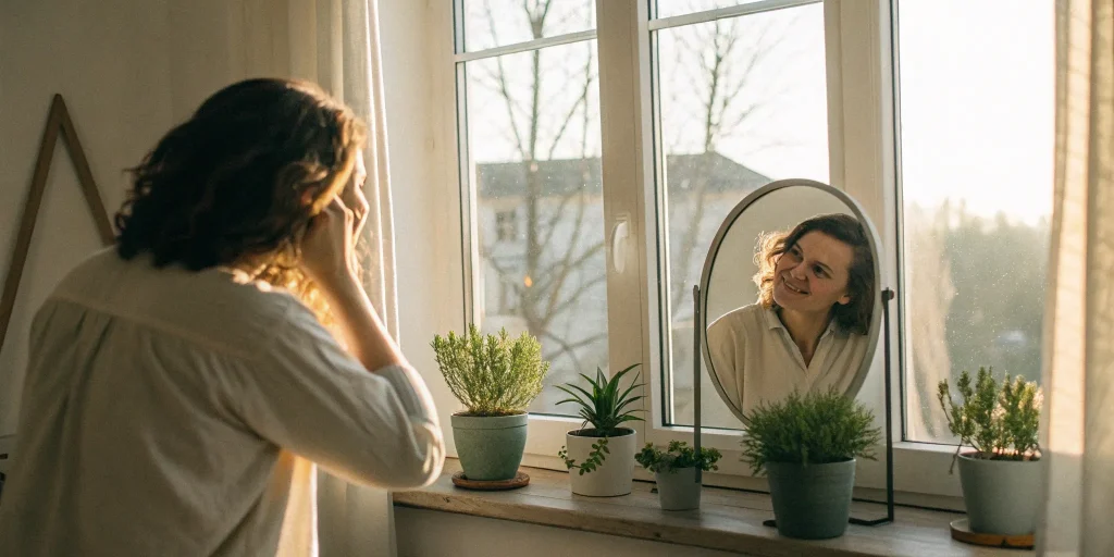 Woman admiring her thicker hair in the mirror after exosome therapy sessions.