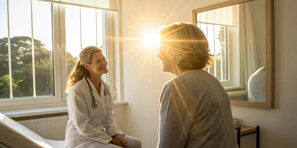 Patient discussing exosome therapy before and after pictures with a doctor.