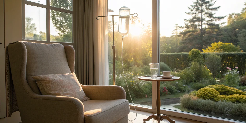 A patient receiving an exosome IV treatment in a professional clinic.