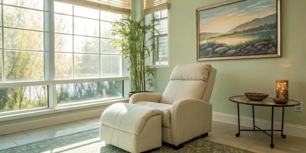 Supportive recliner chair providing comfort to help heal a herniated disc without surgery.