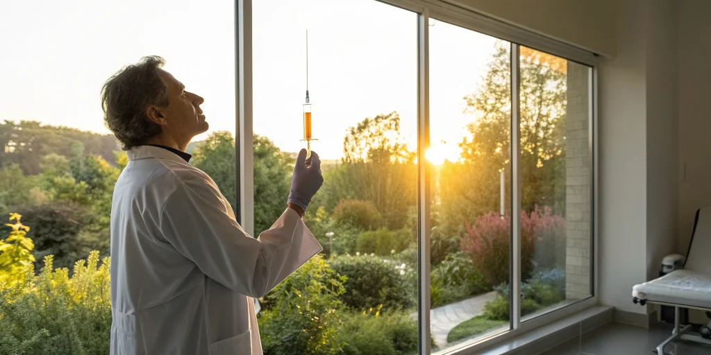 Doctor with a syringe of stem cell therapy for back pain, questioning if it is FDA approved.