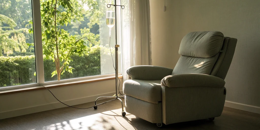A comfortable recliner and IV stand set up for a longevity and wellness IV drip.