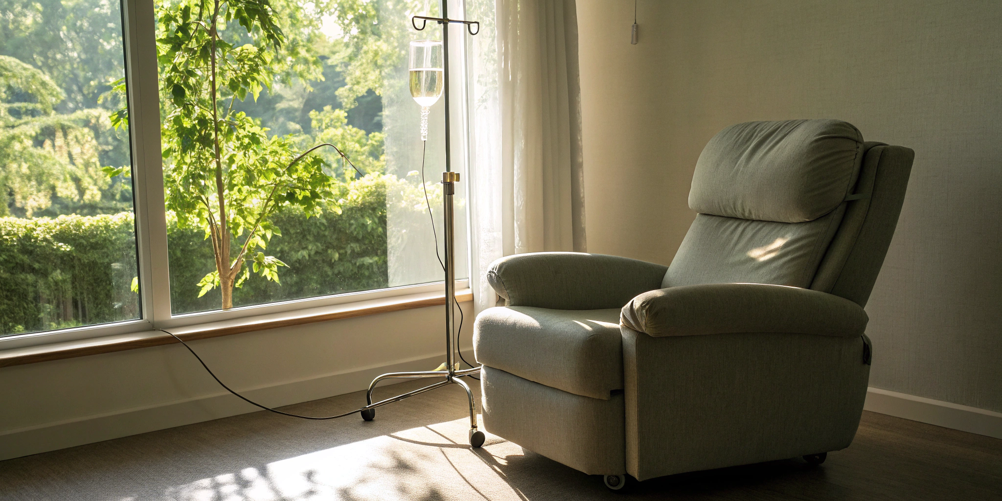 A comfortable recliner and IV stand set up for a longevity and wellness IV drip.