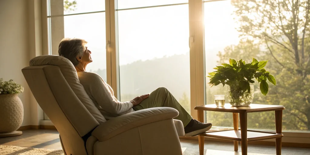 A person relaxing in a chair, relieved of SI joint pain thanks to PRP injections.