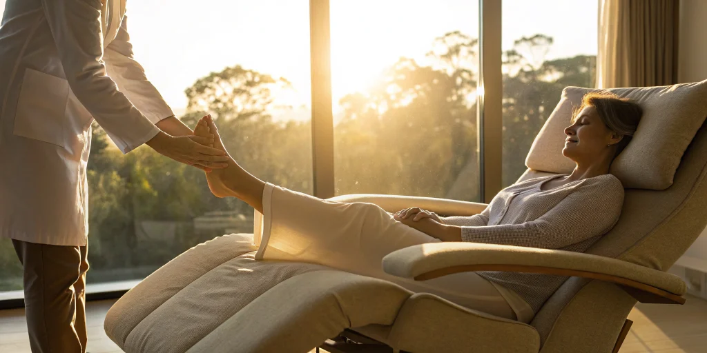 Patient receiving stem cell therapy for foot drop in a clinic.