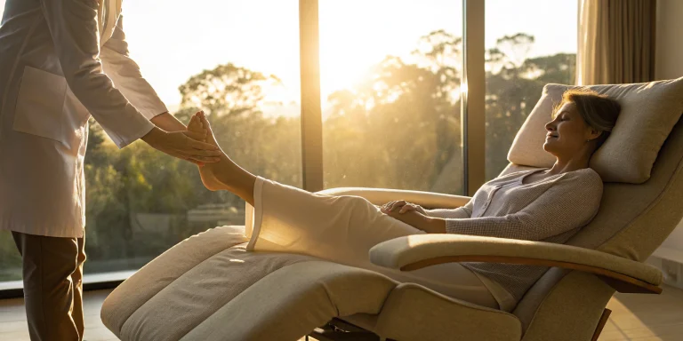 Patient receiving stem cell therapy for foot drop in a clinic.