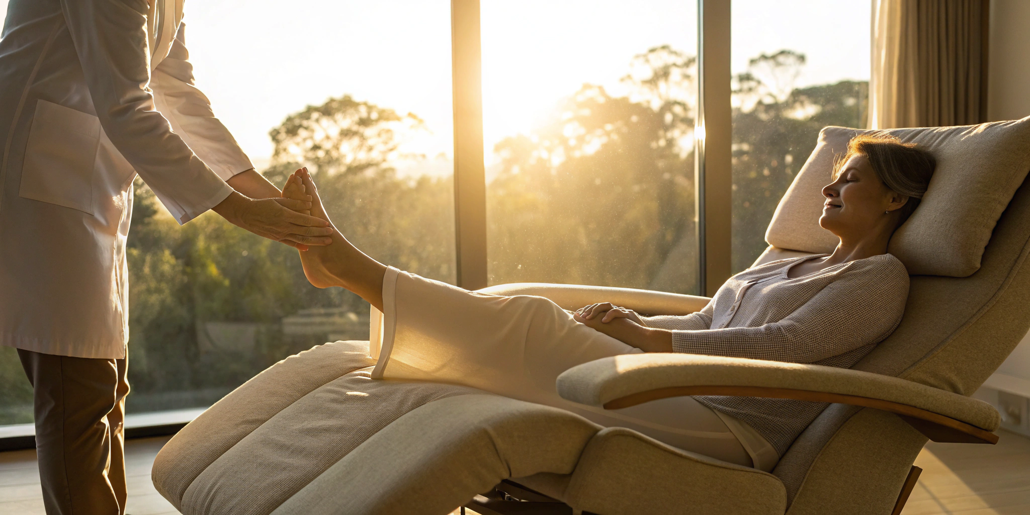 Patient receiving stem cell therapy for foot drop in a clinic.
