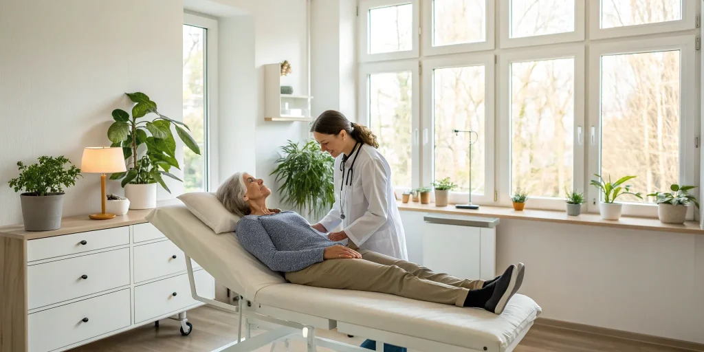 Doctor consulting with a patient about stem cell therapy for SI joint pain.