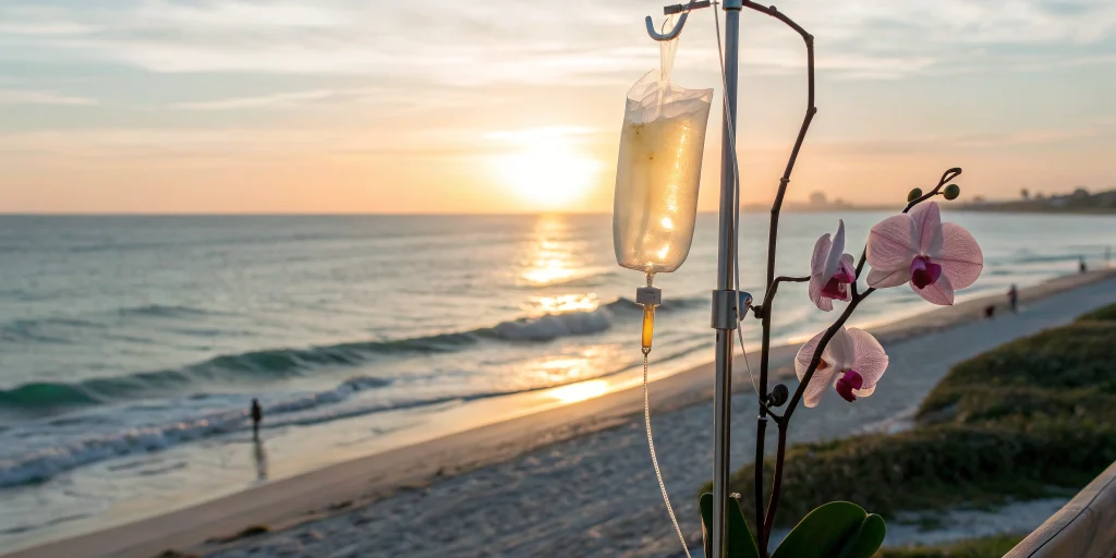 Anti-aging NAD IV therapy bag with an orchid on a serene beach at sunset.