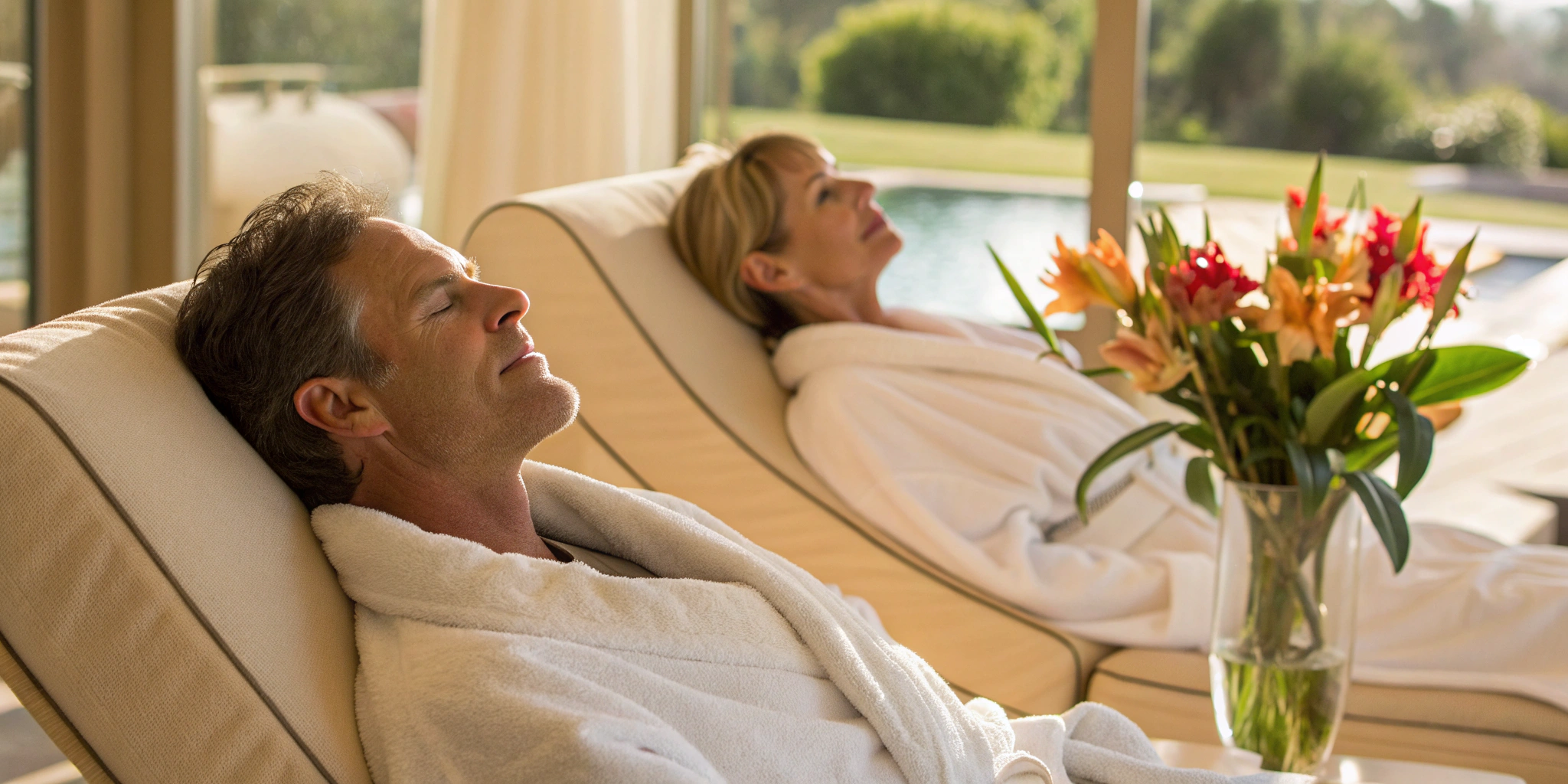 Couple in spa robes feeling rejuvenated after anti-aging stem cell IV therapy.