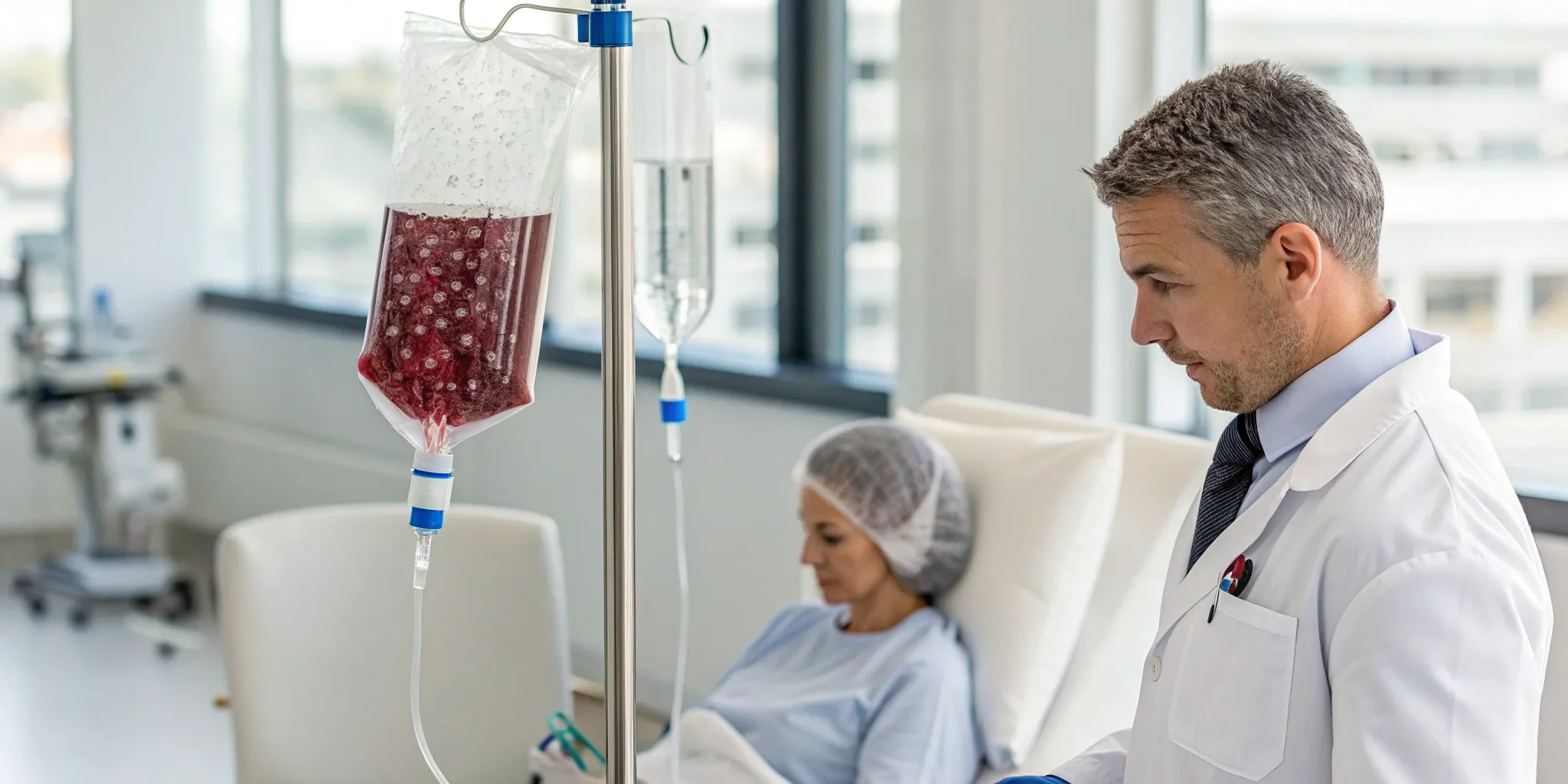 Patient receiving an IV stem cell therapy infusion for an autoimmune condition.