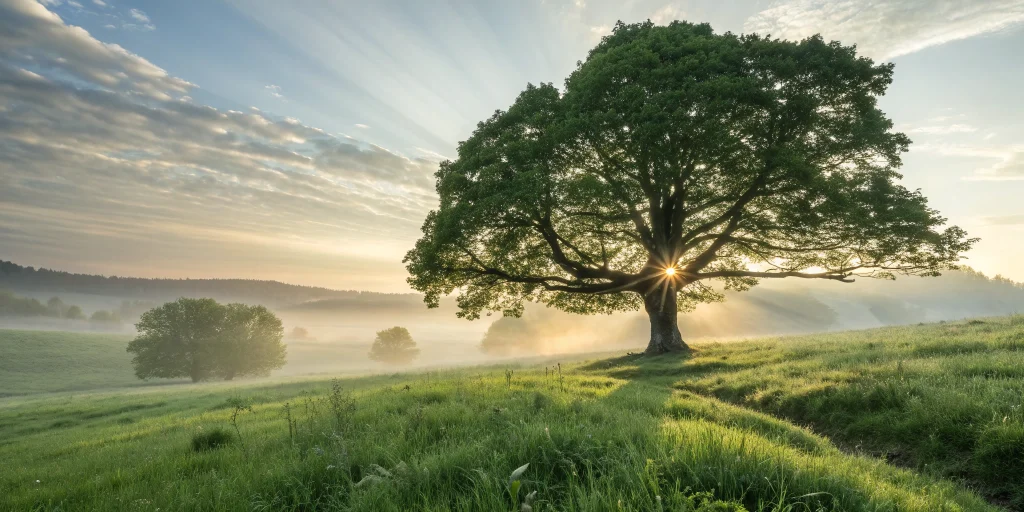 A healthy tree at sunrise, representing renewal from exosome treatment for arthritis.