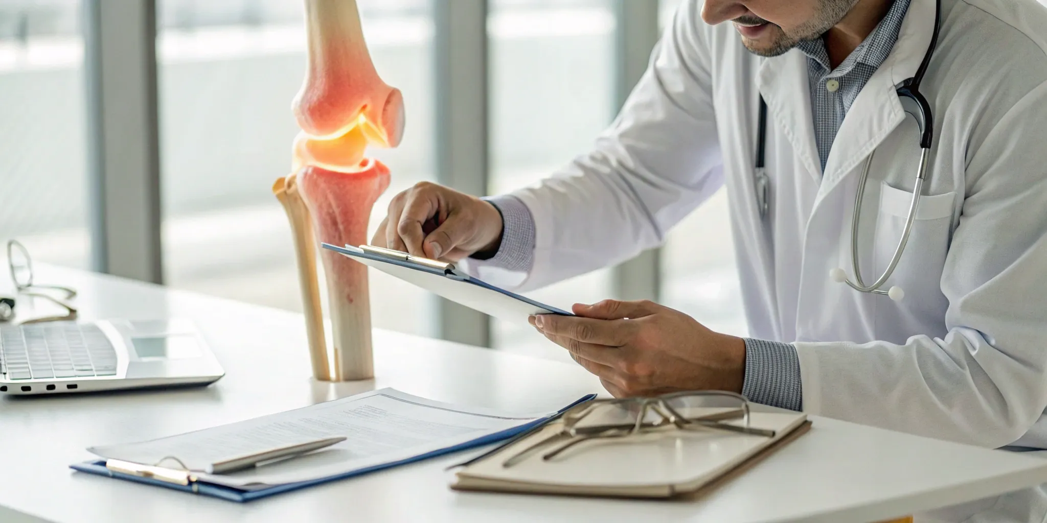 Doctor reviewing knee joint model for knee arthritis treatment without surgery.