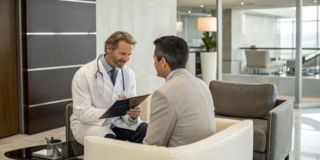 Doctor discussing regenerative arthritis treatment options with a patient in Miami.