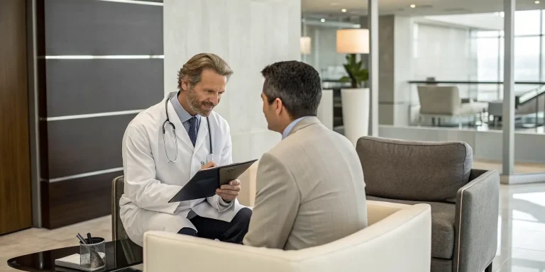 Doctor discussing regenerative arthritis treatment options with a patient in Miami.