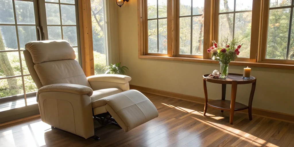 A comfortable recliner in a sunlit room for non-surgical shoulder arthritis treatment and relief.