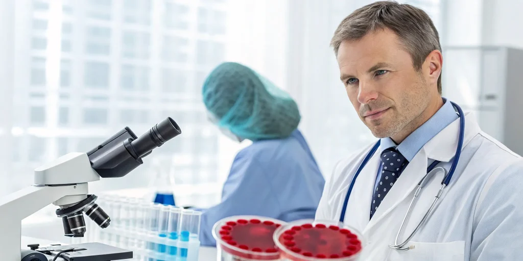 Doctor preparing stem cell therapy for autoimmune disorders in a medical lab.