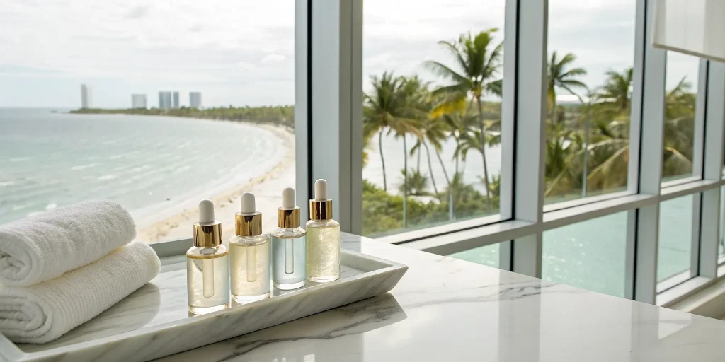 A tray of serums for one of the best exosome facials in Miami, overlooking the beach.