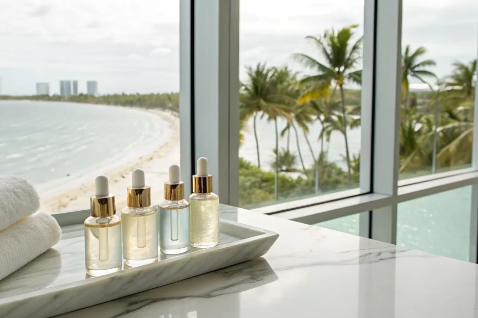 A tray of serums for one of the best exosome facials in Miami, overlooking the beach.
