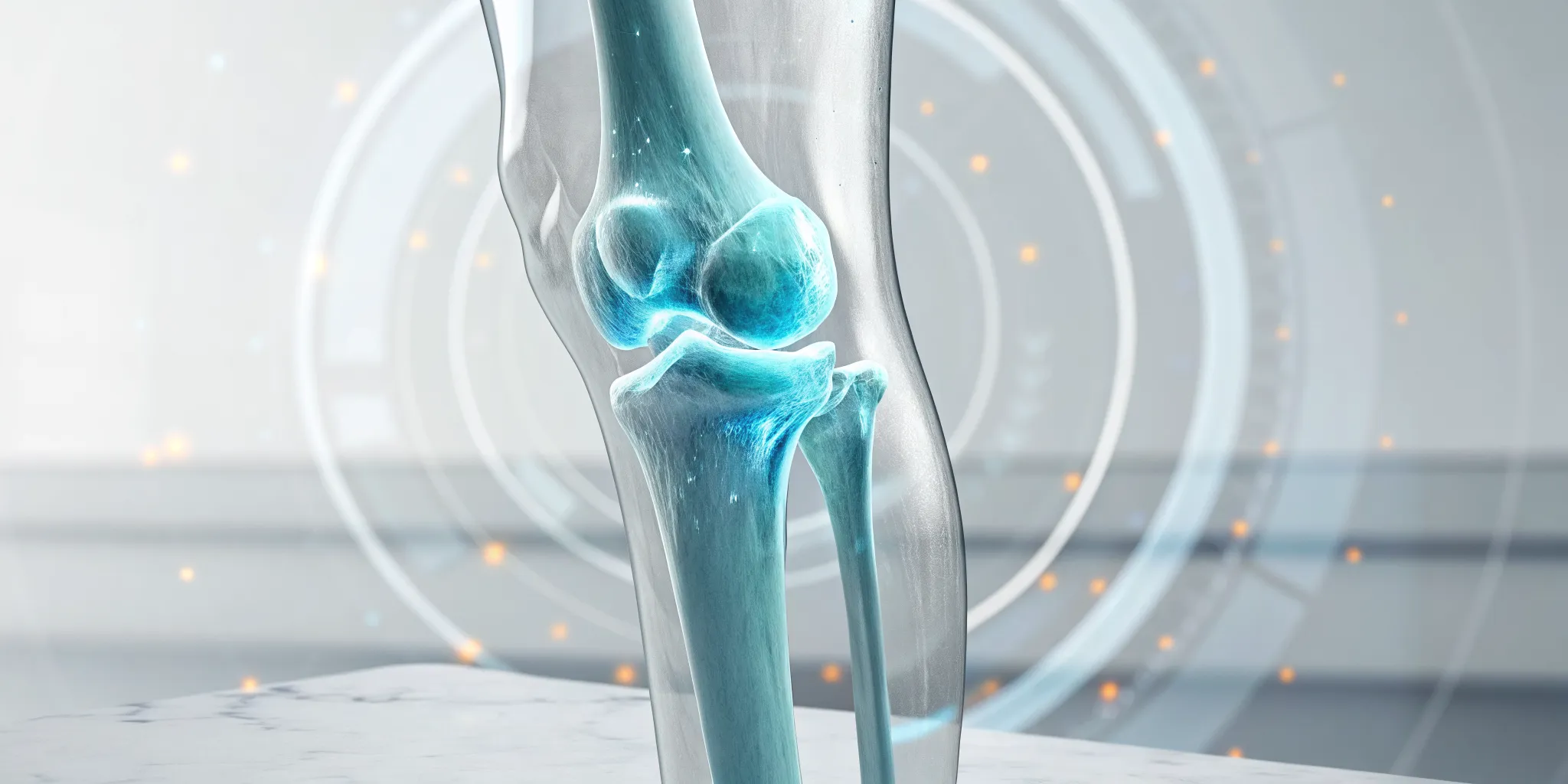 3D rendering of a knee joint, showing the cartilage that the best treatments for protection aim to preserve.