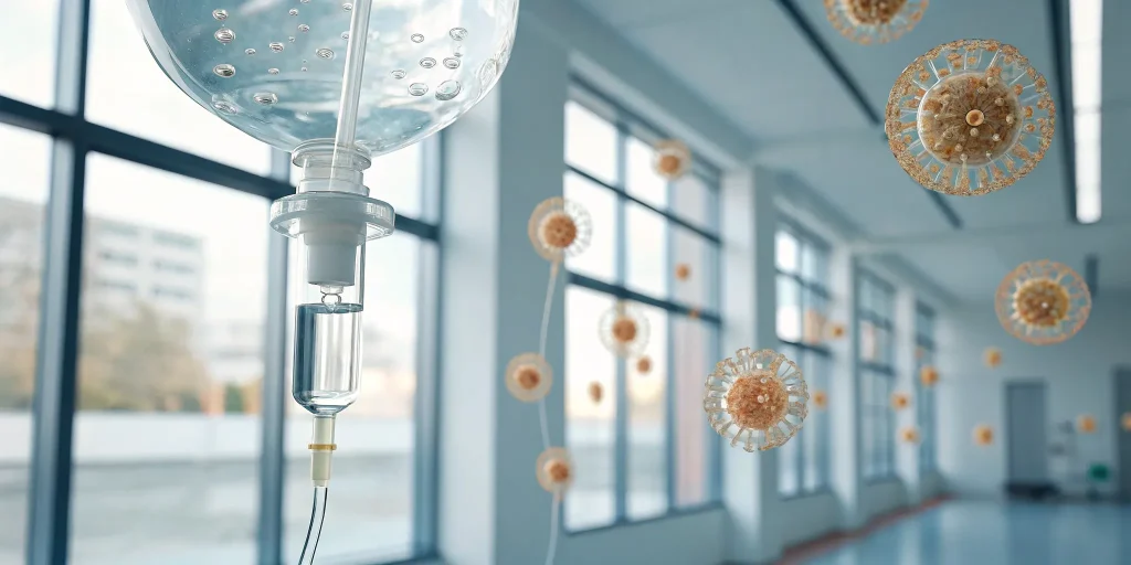 An IV drip delivering the benefits of intravenous exosome therapy.