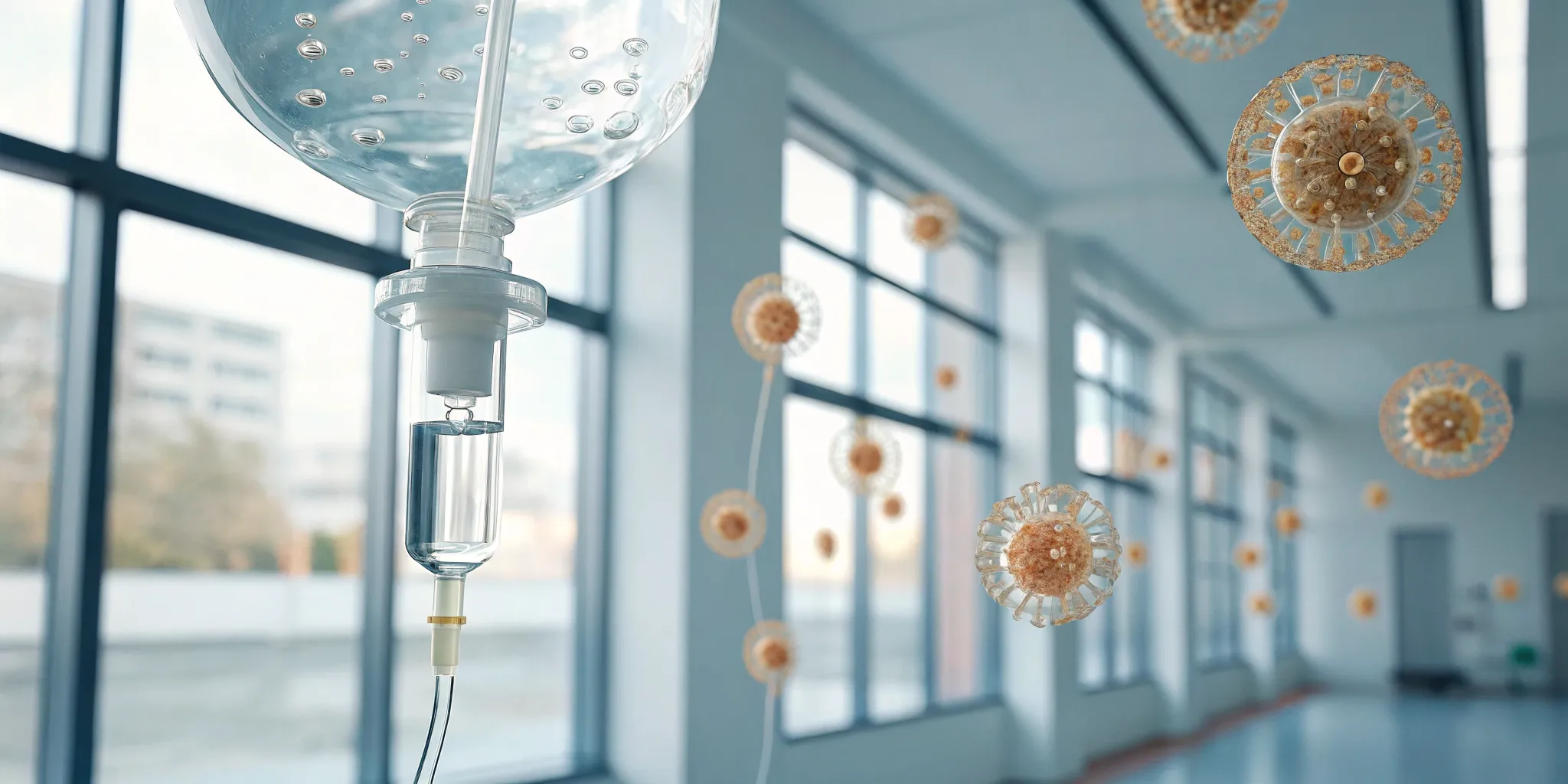 An IV drip delivering the benefits of intravenous exosome therapy.