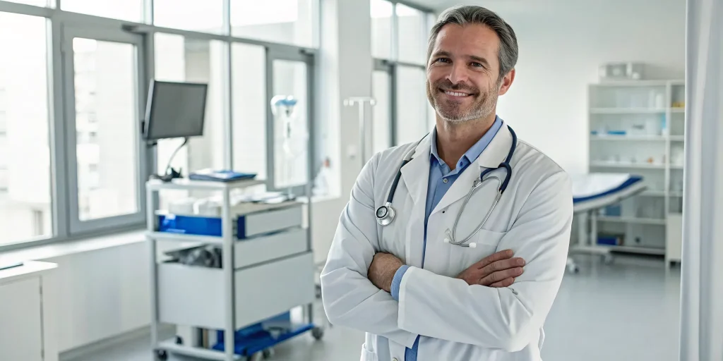 Best back pain stem cell doctor smiling in his clinic with arms crossed.