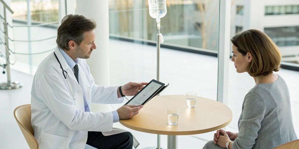 Patient consulting a doctor to find the best clinic for exosome IV therapy.