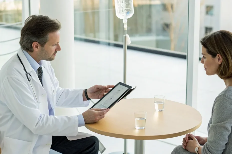 Patient consulting a doctor to find the best clinic for exosome IV therapy.