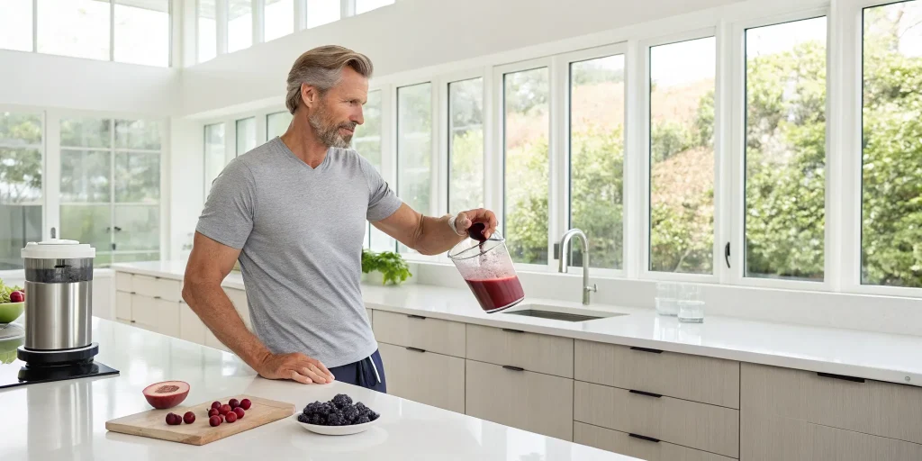 Man making a healthy berry smoothie, a natural way to improve blood flow for ED.
